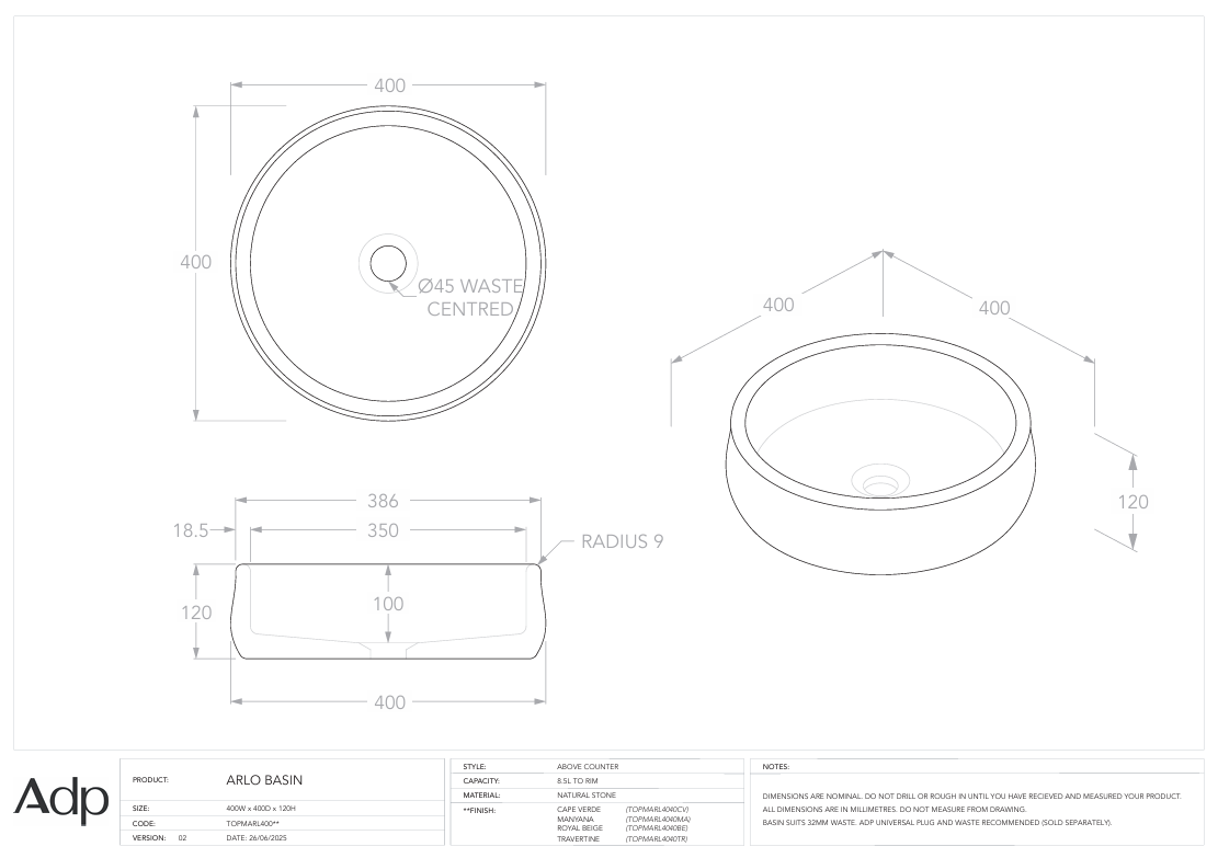 ADP Arlo Cape Verde Above Counter Basin