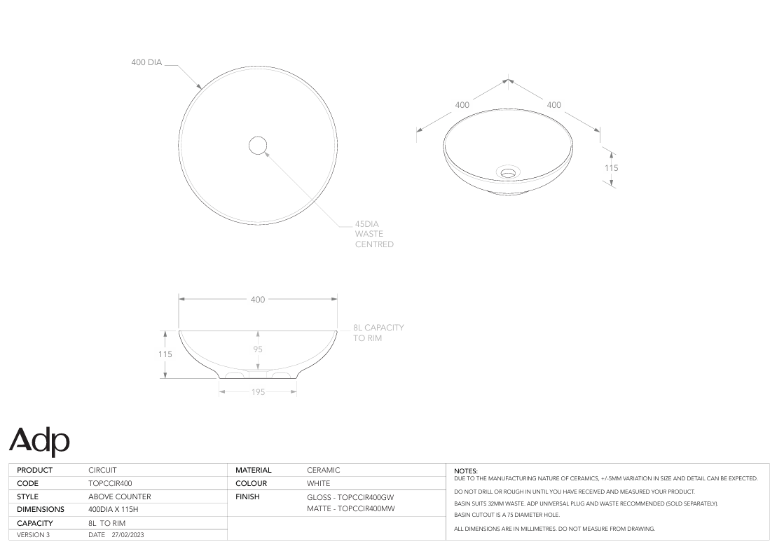 ADP Circuit Above counter Basin