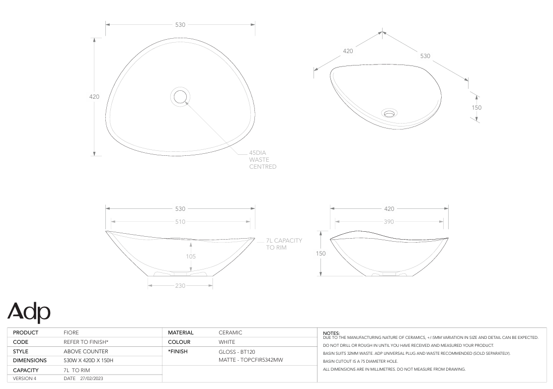 ADP Fiore Above counter Basin