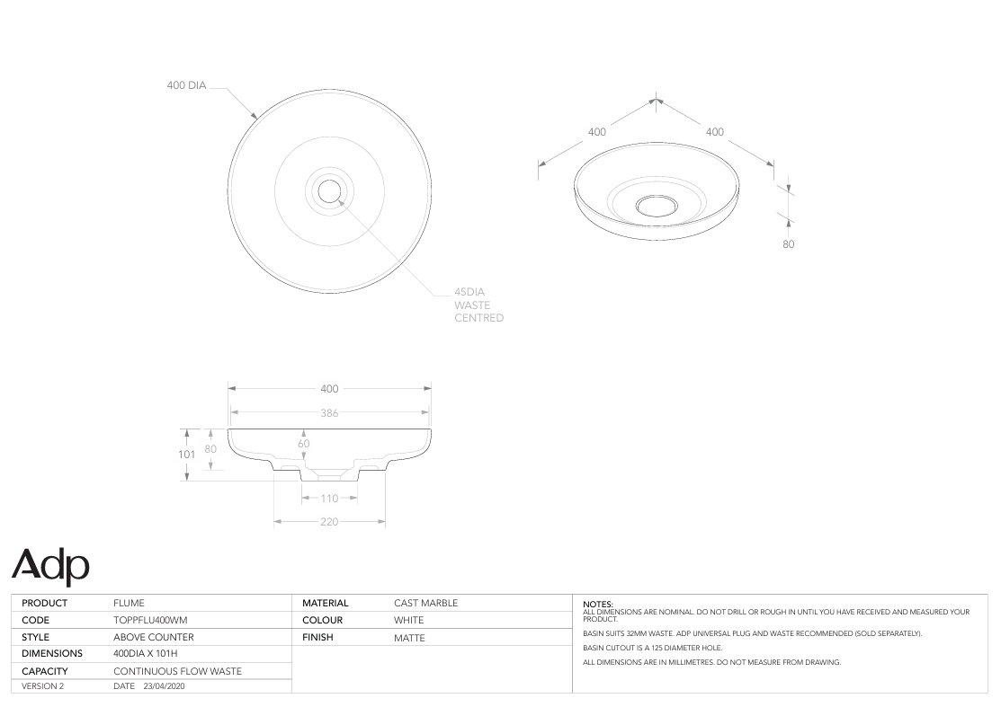 ADP Flume Above counter Basin