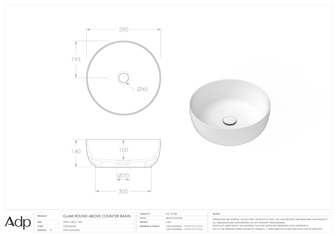 ADP Glam Round Matte Pearl Above counter Basin