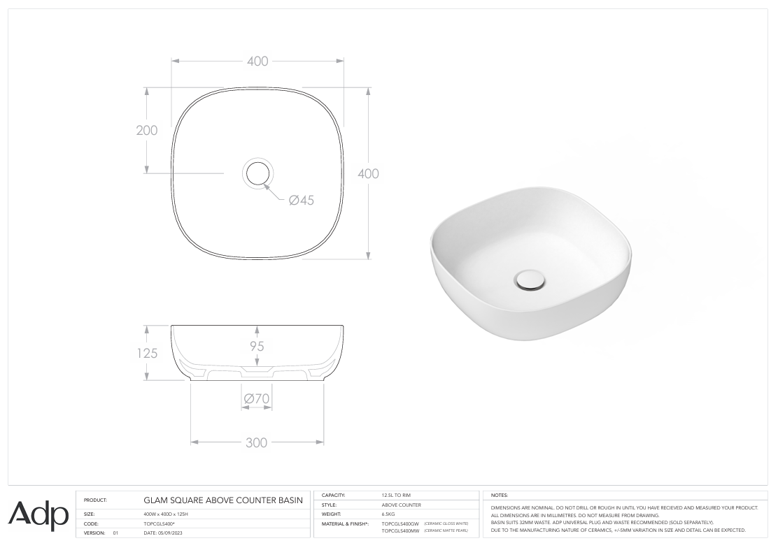 ADP Glam Square Matte Pearl Above counter Basin