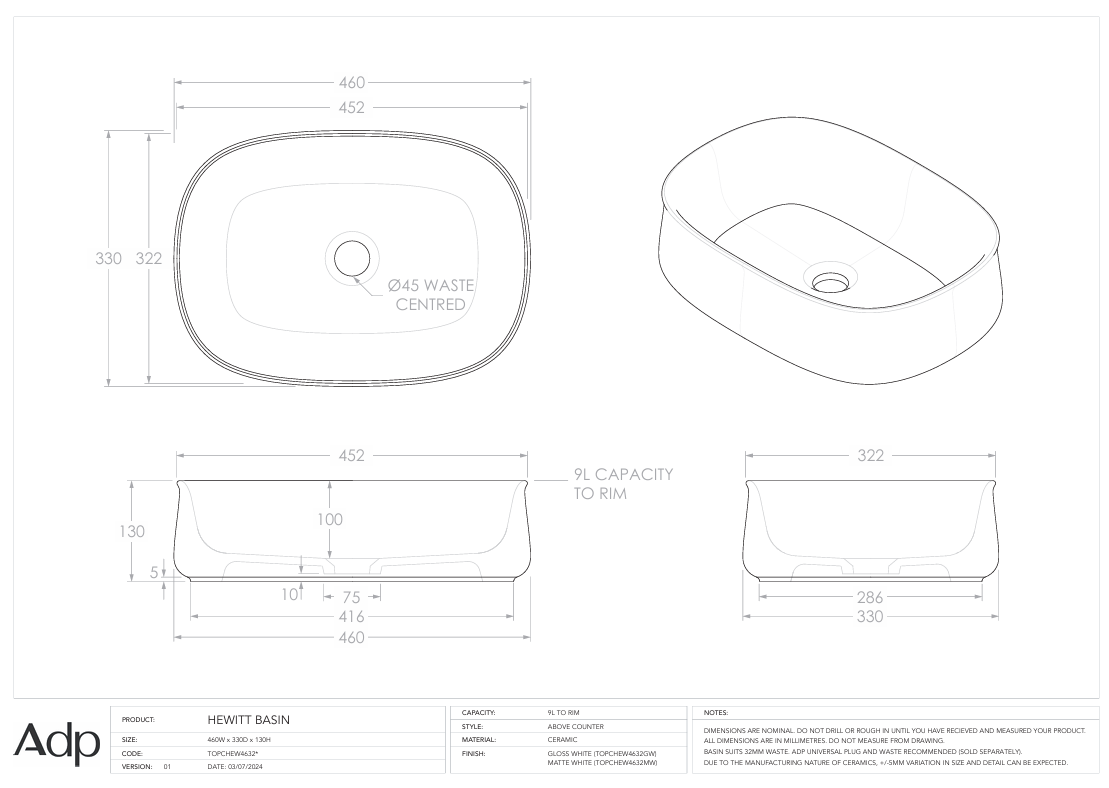 ADP Hewitt Above counter Basin