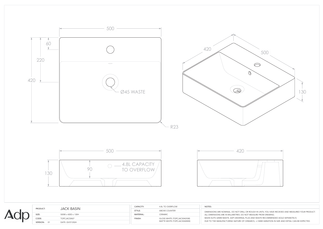 ADP Jack Above counter Basin