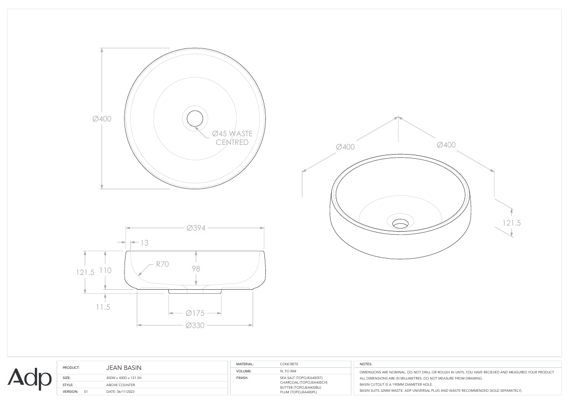 ADP Jean Butter Above counter Basin