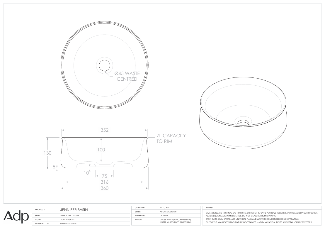 ADP Jennifer Above counter Basin