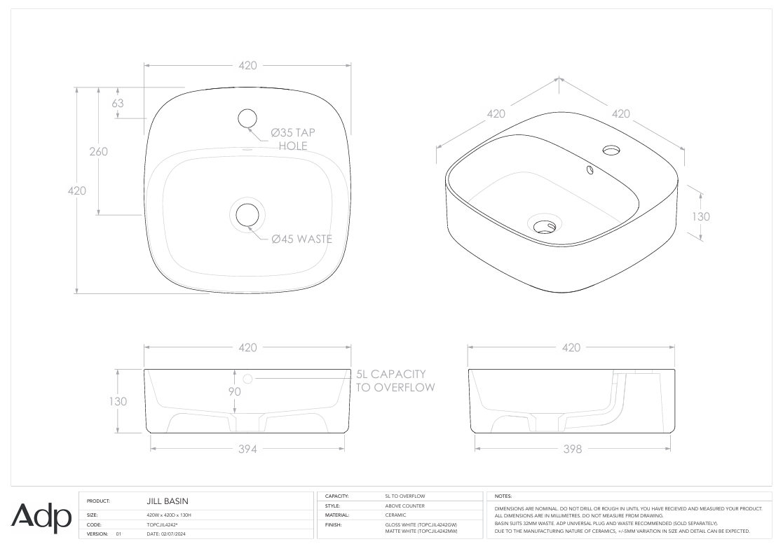 ADP Jill Above counter Basin