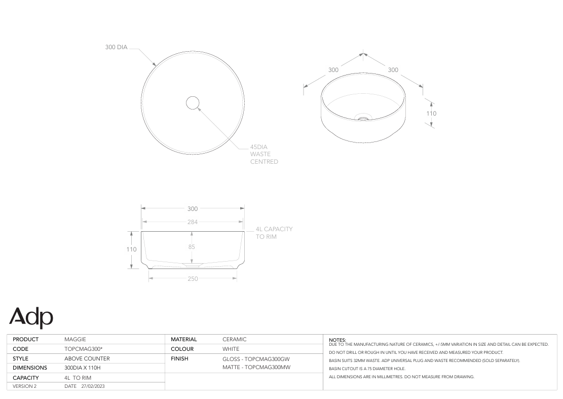 ADP Maggie Above counter Basin