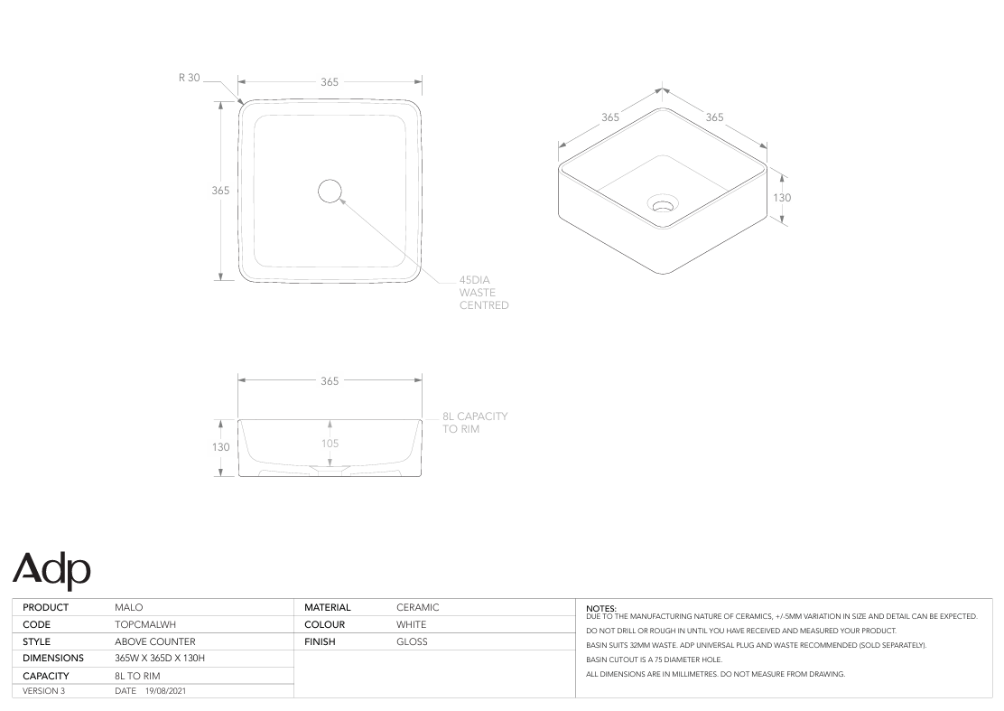 ADP Malo Above counter Basin