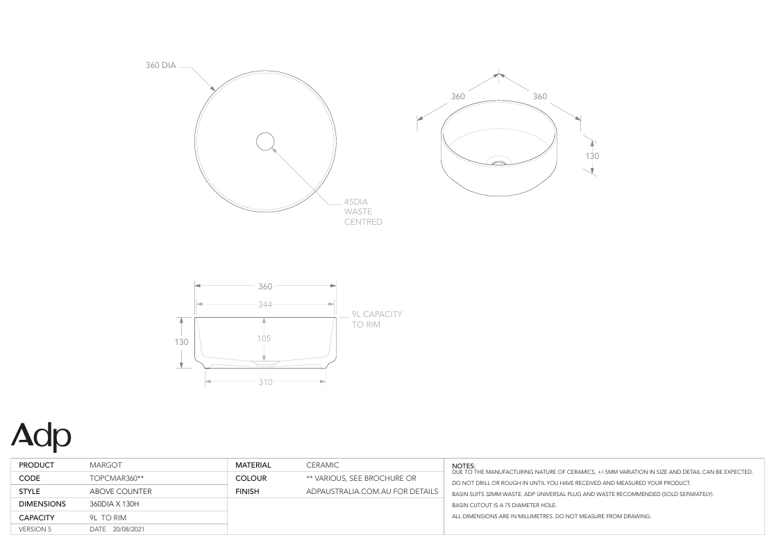 ADP Margot White Above counter Basin