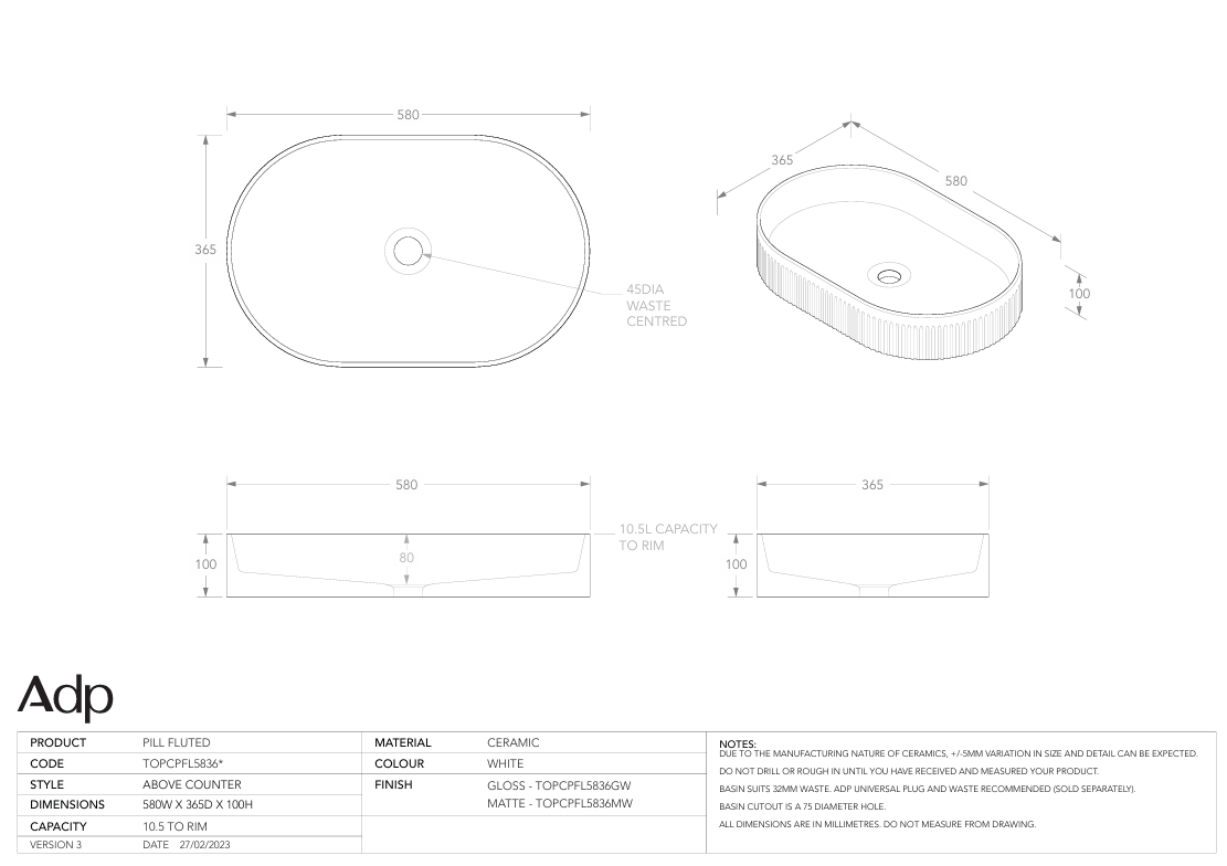 ADP Pill Fluted Above counter basin