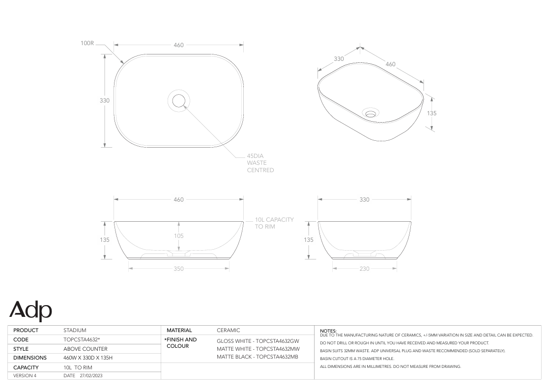 ADP Stadium White Above counter Basin