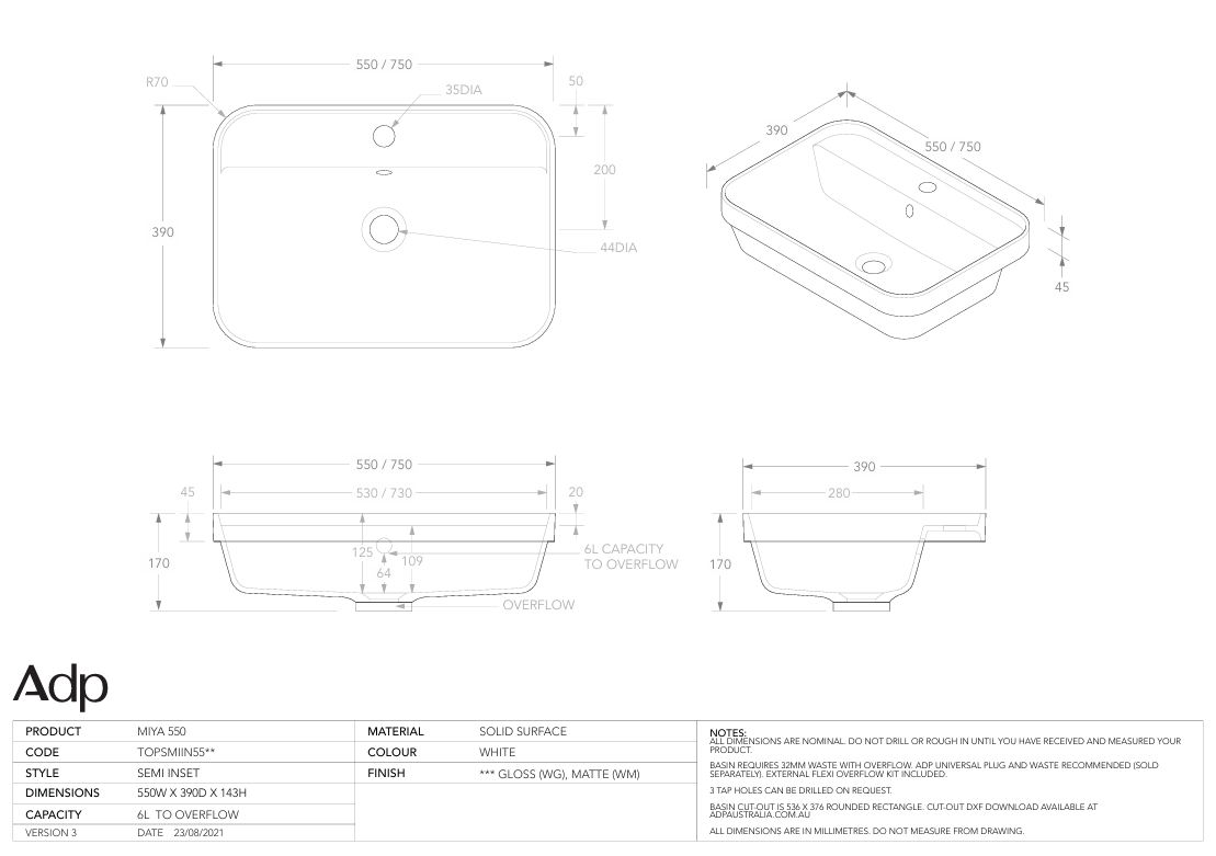 Adp Semi Inset ADP Miya 550 Semi-Inset Basin – Designer Bathware