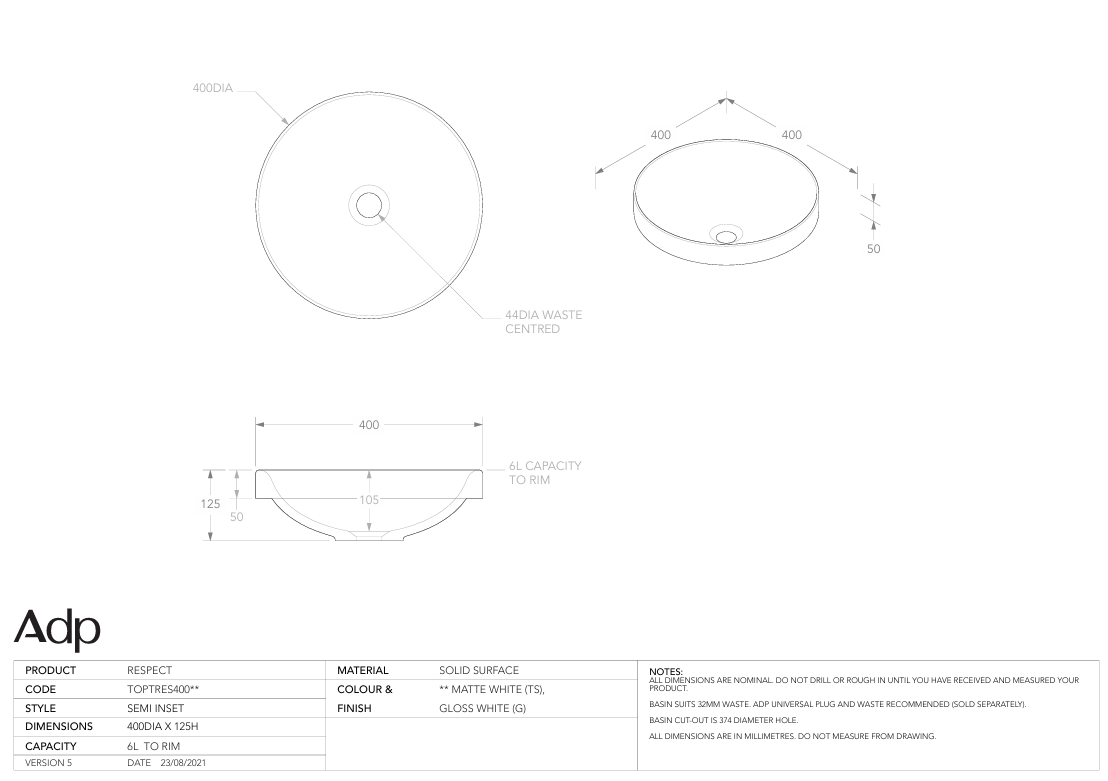ADP Respect Semi-inset Basin