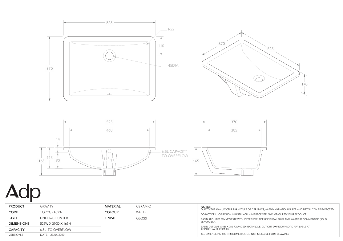 ADP Gravity Under-counter Basin