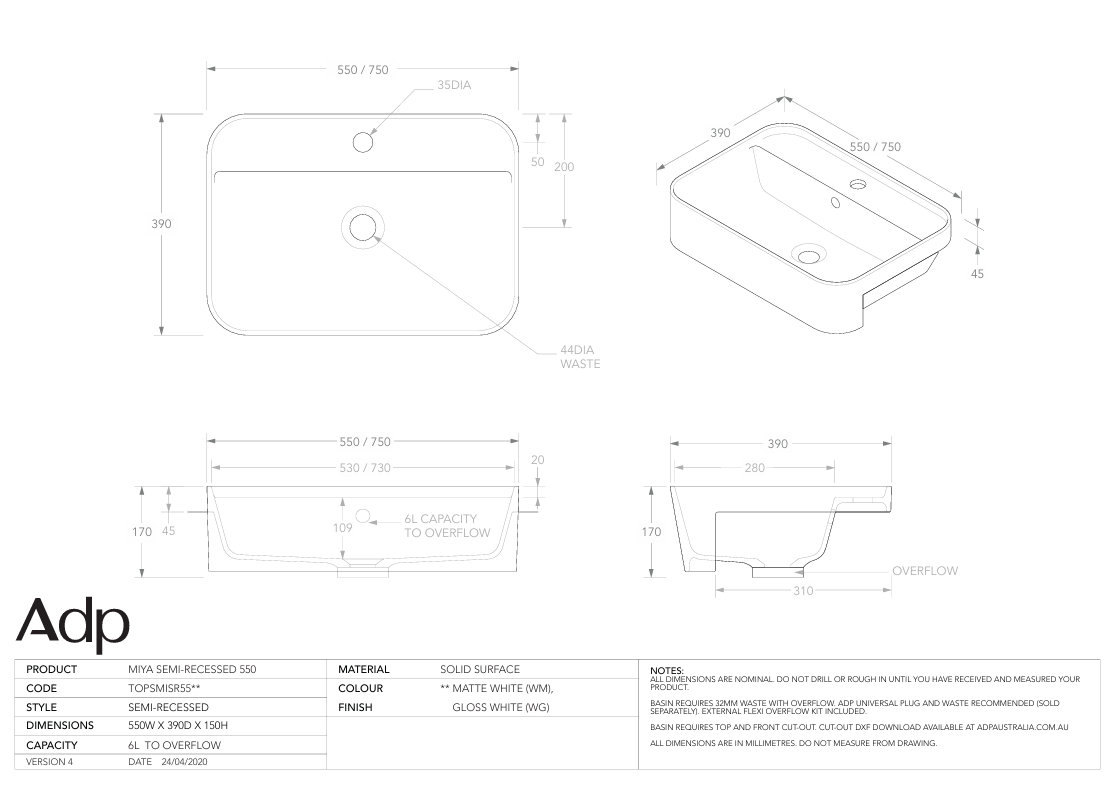 ADP Miya 550 Semi-Recessed Basin