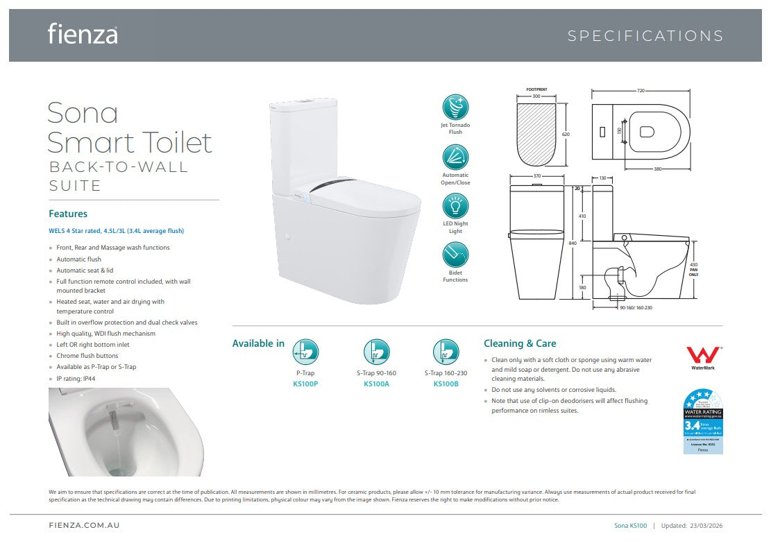 Fienza Sona Smart toilet P-Trap