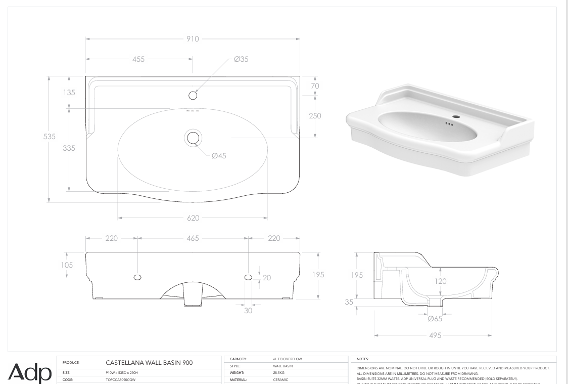 ADP Castellana 900 Wall hung Basin