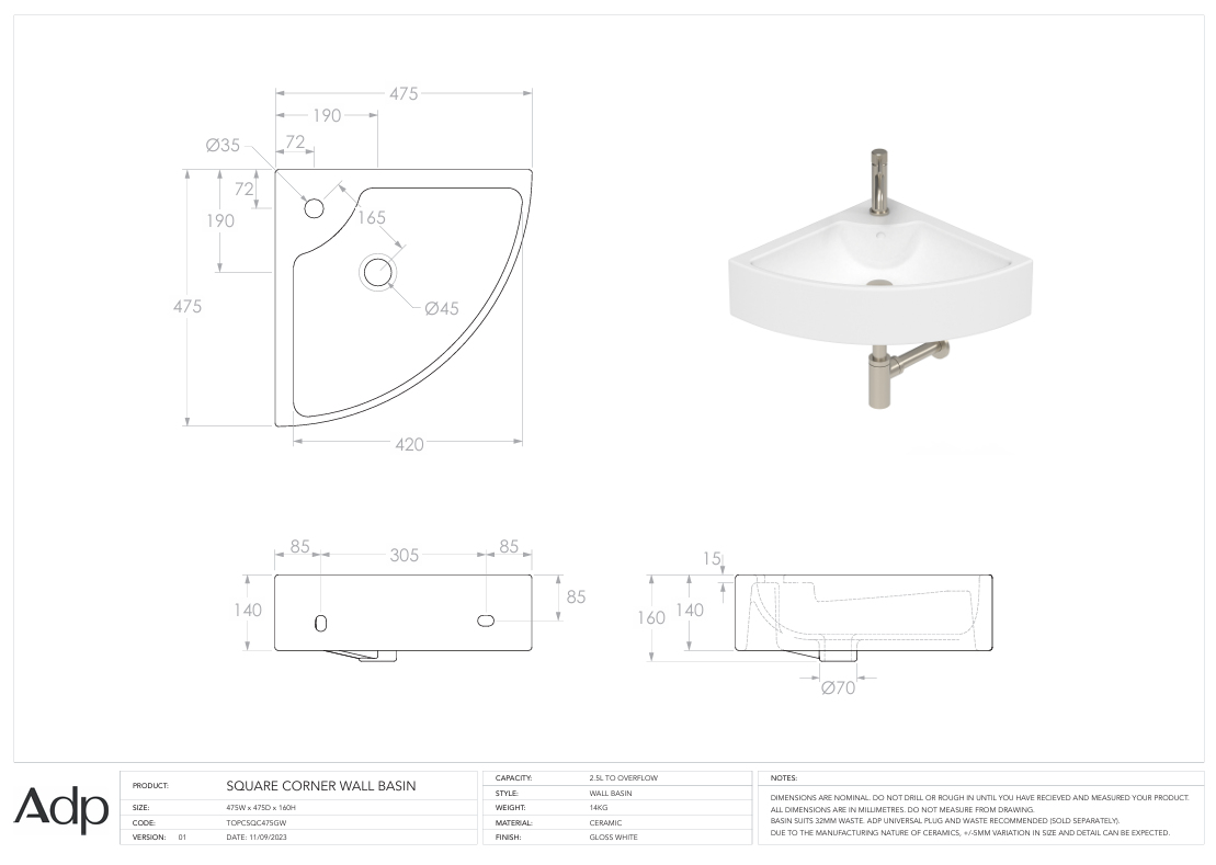 ADP Square Corner Wall hung basin