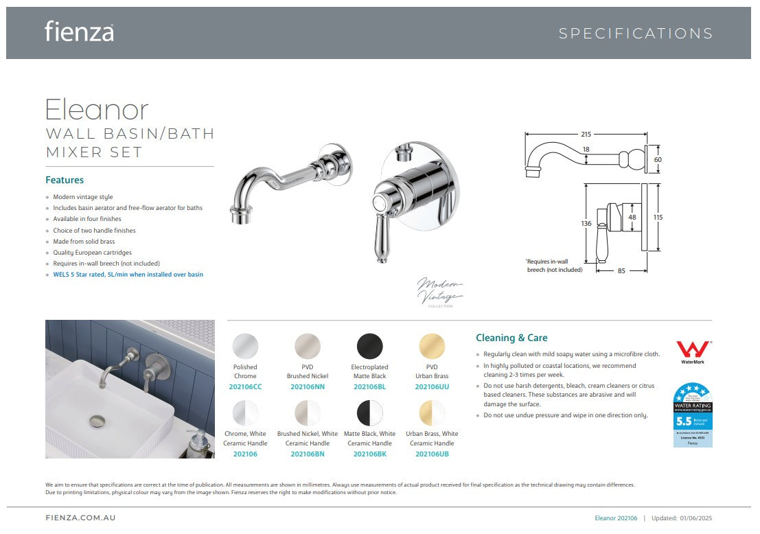 Fienza Eleanor Wall Basin/Bath Mixer Set Urban Brass