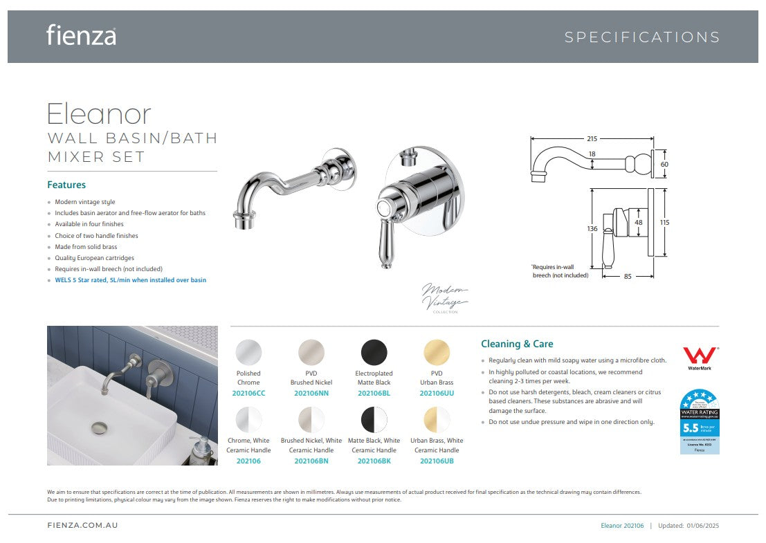 Fienza Eleanor Wall Basin/Bath Mixer Set Matte Black / Ceramic