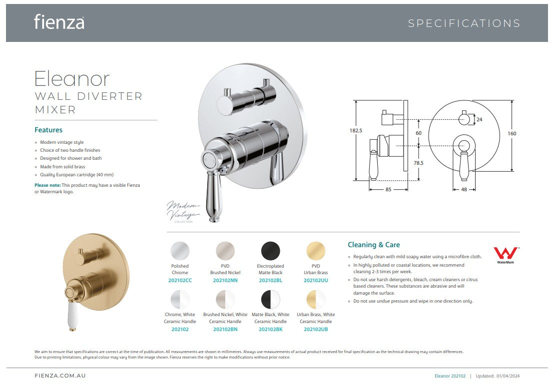 Fienza Eleanor Wall Diverter Mixer Chrome