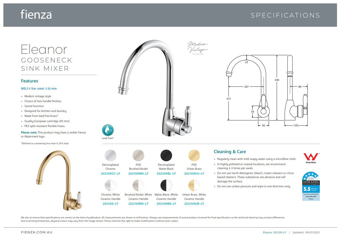 Fienza Eleanor Goosneck Sink Mixer Chrome / Ceramic