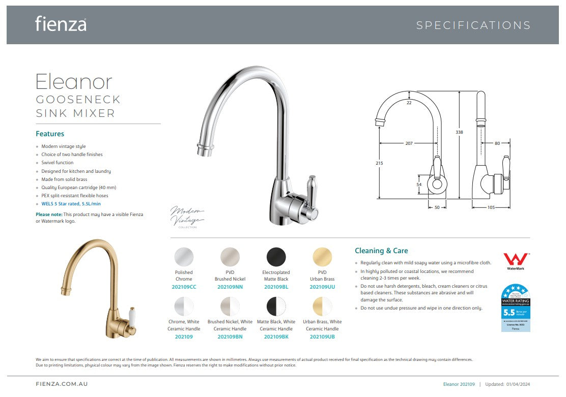 Fienza Eleanor Gooseneck Sink Mixer Chrome / Ceramic