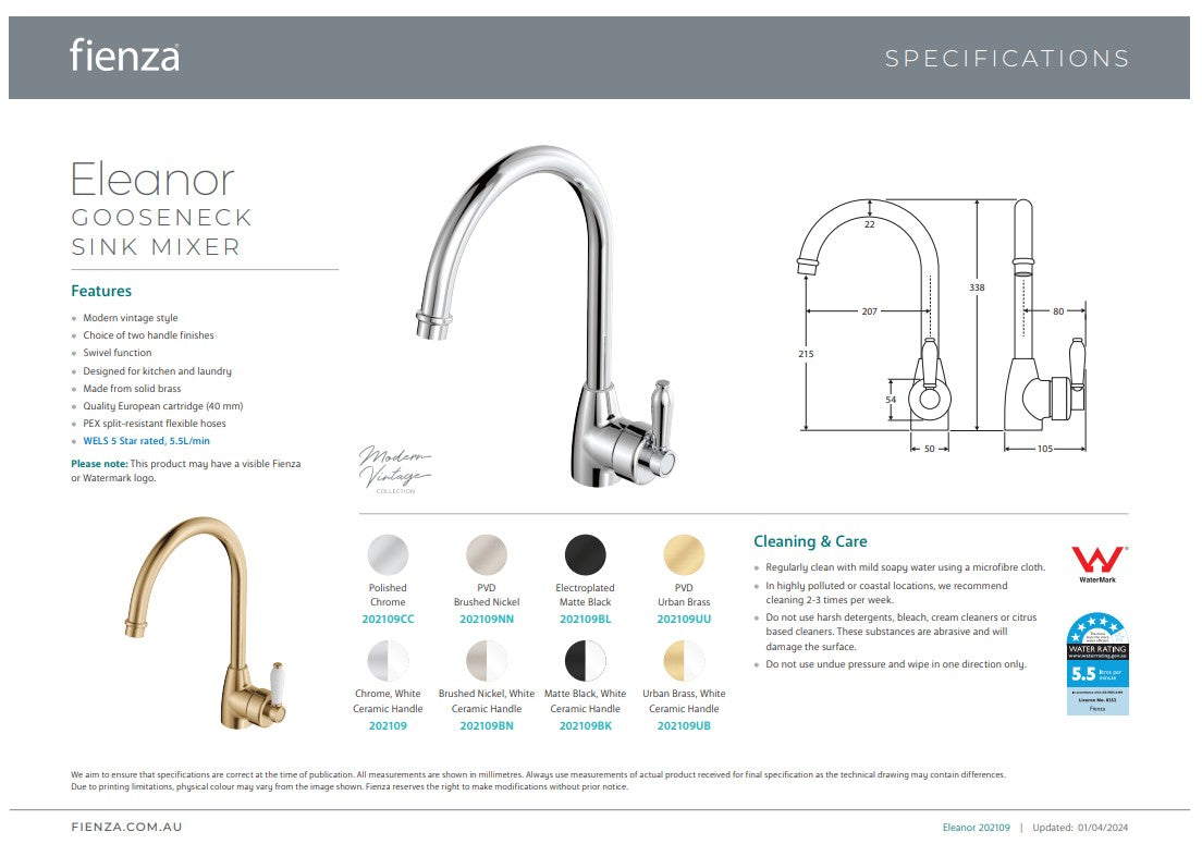 Fienza Eleanor Gooseneck Sink Mixer Matte Black / Ceramic