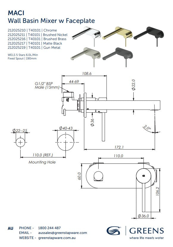 Greens Maci Wall Basin Mixer With Faceplate Brushed Nickel