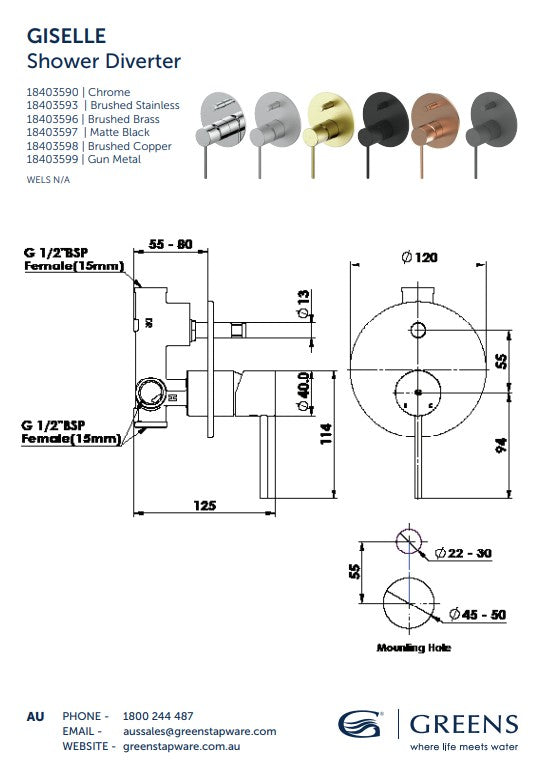 Greens Giselle Shower Diverter Mixer Brushed Brass