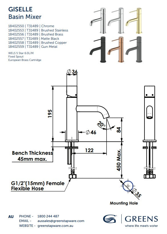 Greens Gisele Basin Mixer Brushed Brass