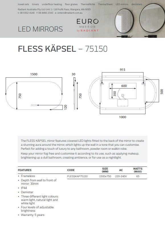 Radiant FLESS - KÄPSEL - 750mm x 1500mm LED Mirror
