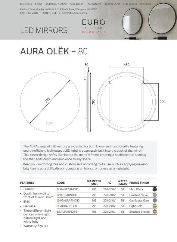 Radiant Aura Gun Metal Round LED Mirror 795mm