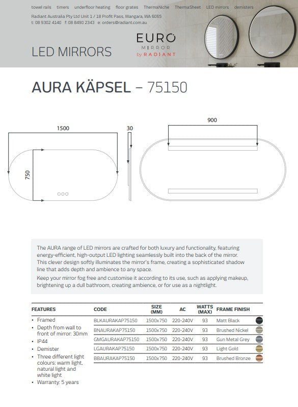 Radiant Aura Brushed Bronze Pill Led Mirror 1500mm