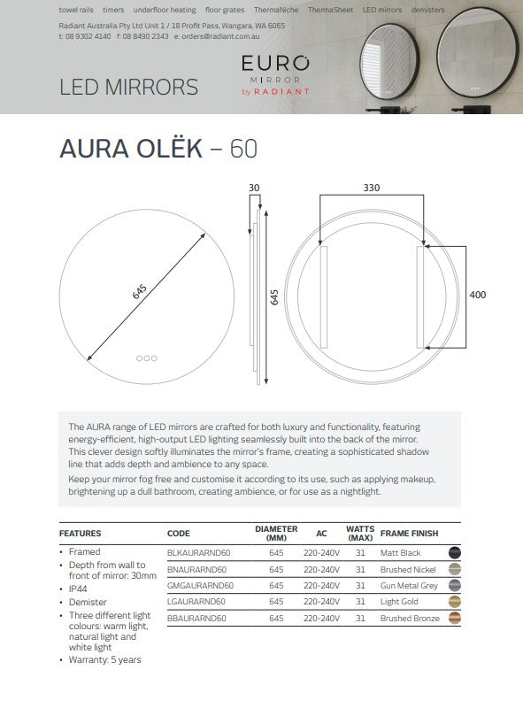 Radiant Aura Brushed Bronze Round LED Mirror 645mm