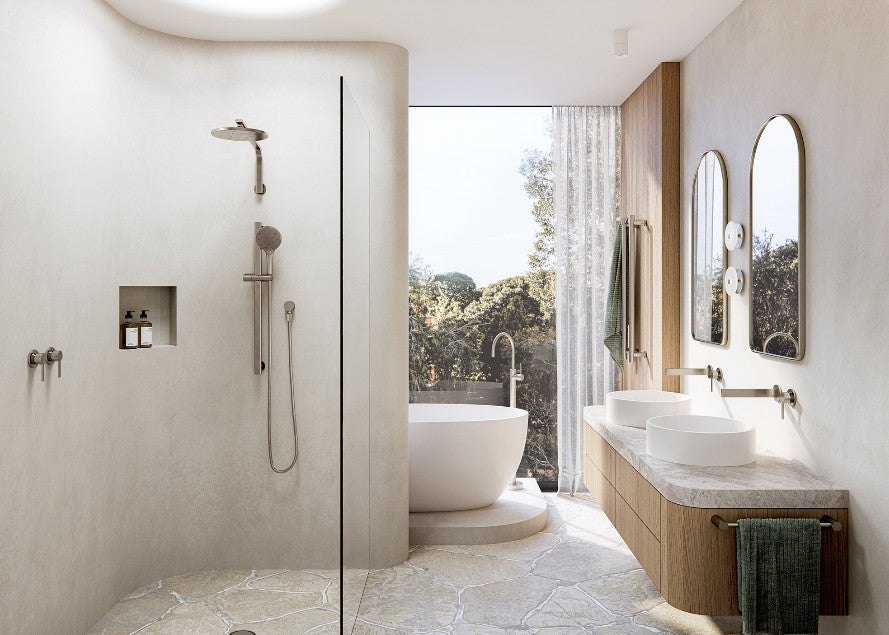 Phoenix Oxley High-Rise Shower Arm and Rose Brushed Nickel
