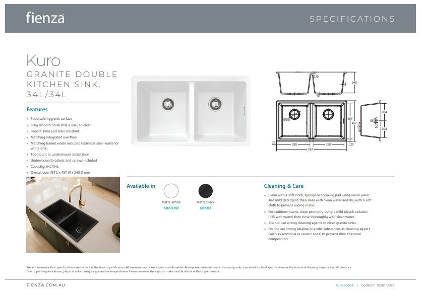 Fienza Kuro Granite32L/14L Double Kitchen Sink with Drainer Matte White