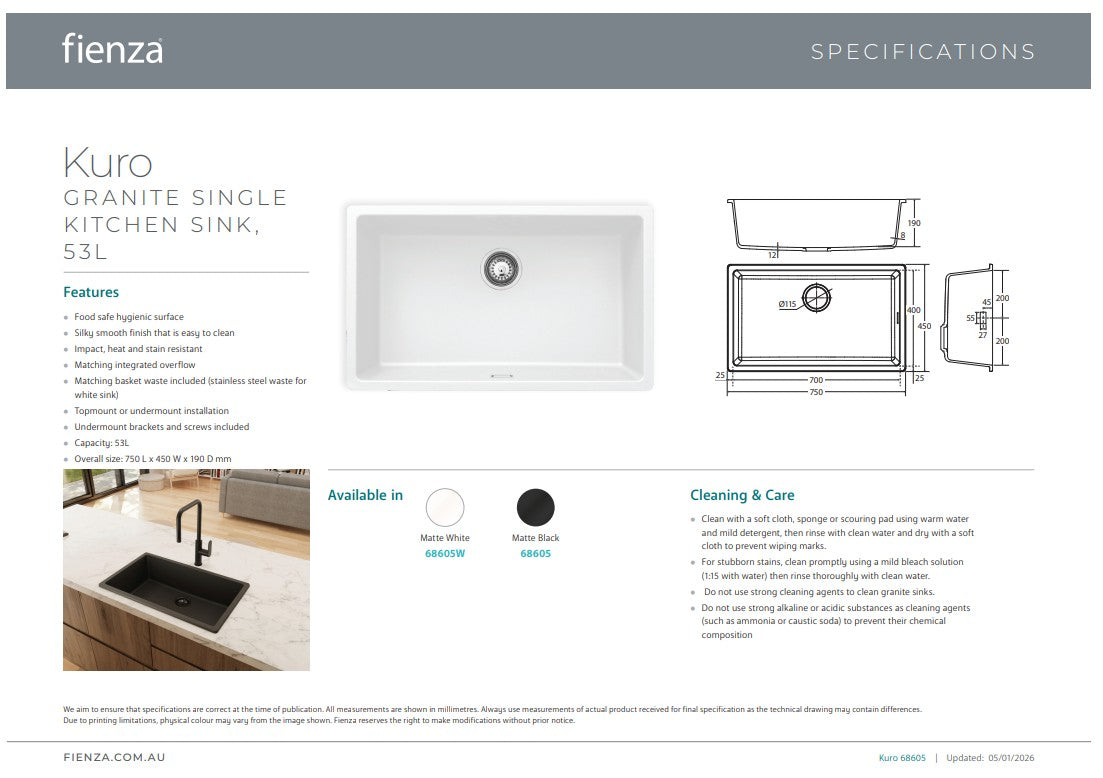 Fienza Kuro Granite 53L Single Bowl Kitchen Sink Matte Black