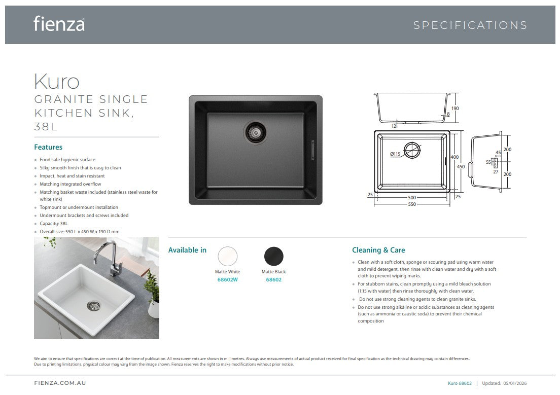 Fienza Kuro Granite 38L Single Bowl Kitchen Sink Matte Black