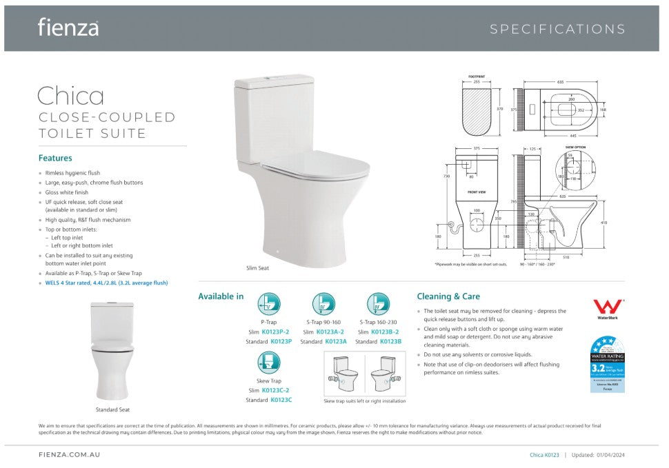 Fienza Chica Close Coupled Toilet Suite Gloss White Slim Seat