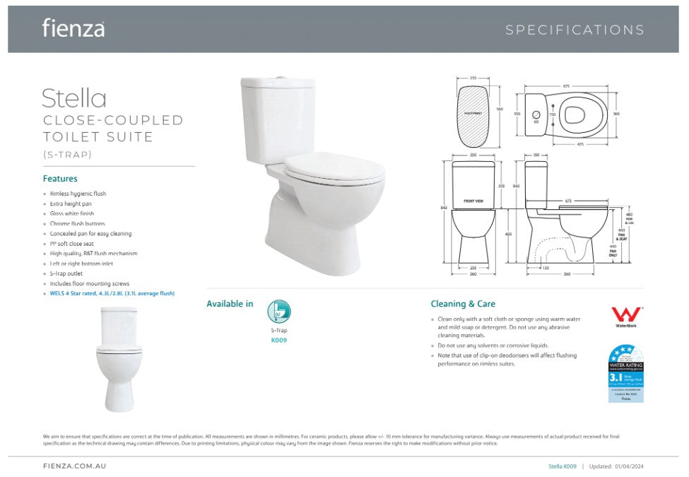 Fienza Stella Close Couple Toilet Suite Gloss White With S-Trap