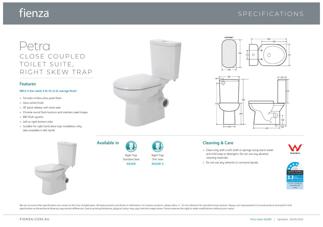 Fienza Petra Close Coupled Toilet Suite left Skew Trap Gloss White Slim Seat