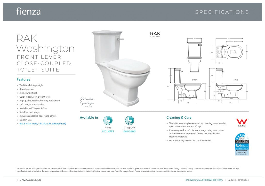 Fienza RAK Washington Front Lever Close-Coupled Toilet Suite Alpine White with P-Trap