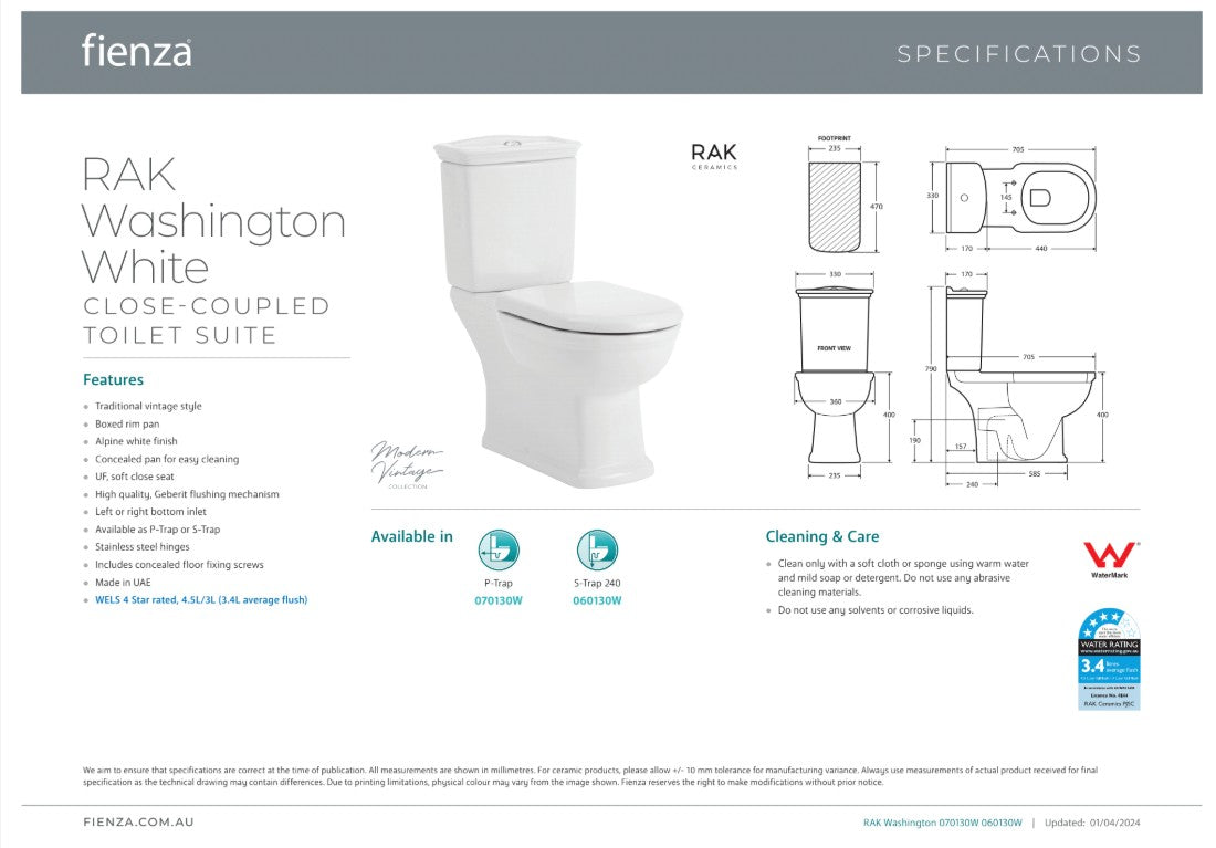 Fienza RAK Washington White Close-Coupled Toilet Suite, Alpine White with S-Trap 240