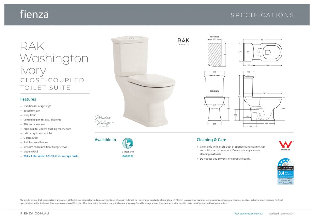 Fienza RAK Washington White Close-Coupled Toilet Suite, Ivory with S-Trap 240