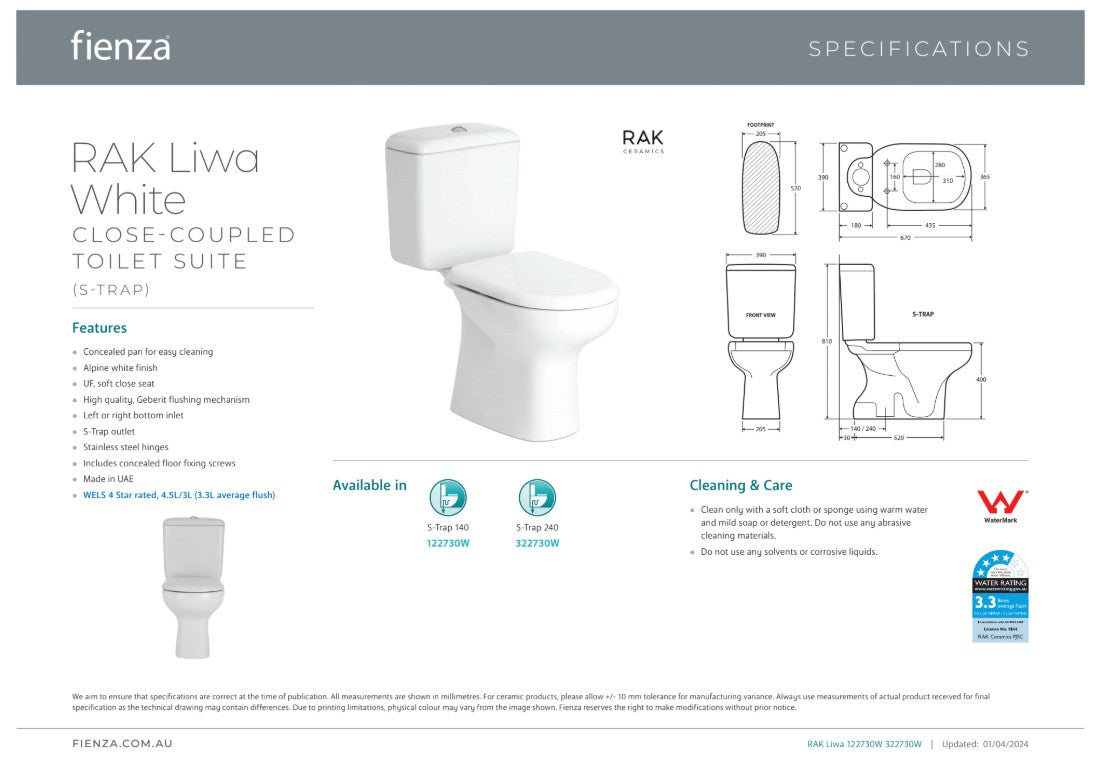 Fienza RAK Liwa White Close-Coupled Toilet Suite Alpine White with P-Trap