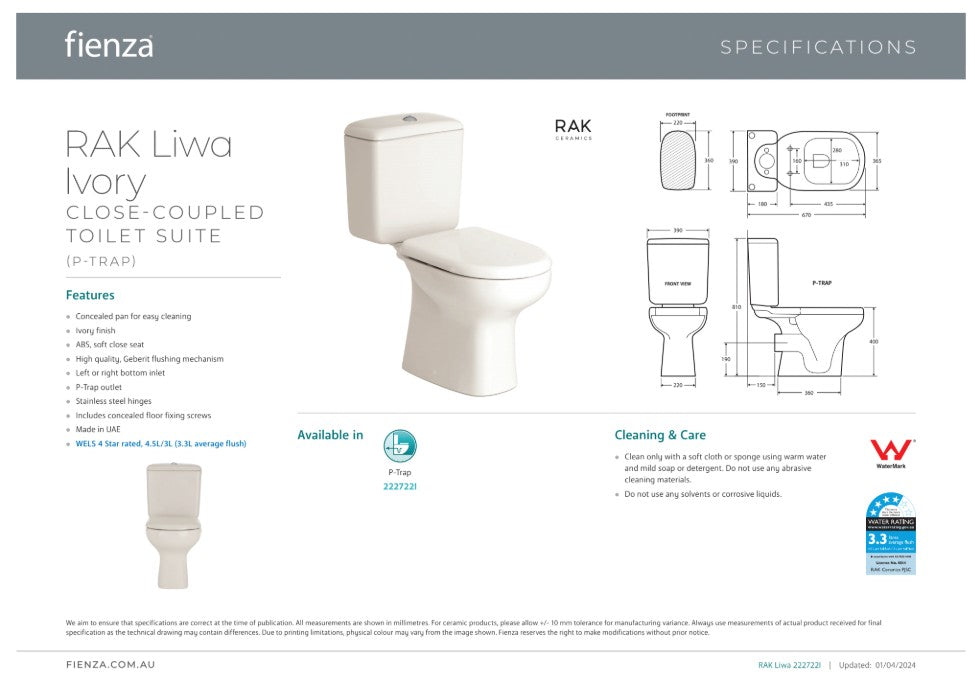 Fienza RAK Liwa White Close-Coupled Toilet Suite Ivory with P-Trap