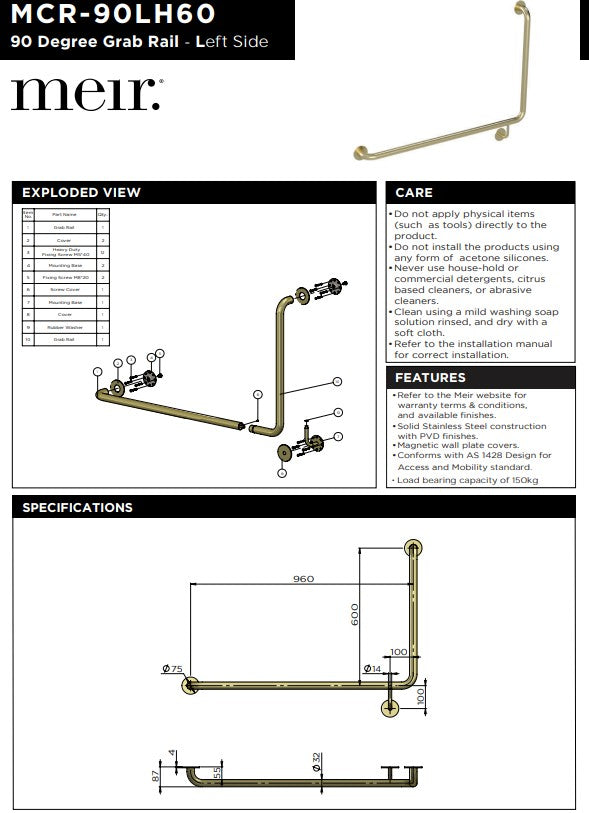 Meir Mobility 90 Degree Left Side Grab Rail 600mm Lustre Bronze