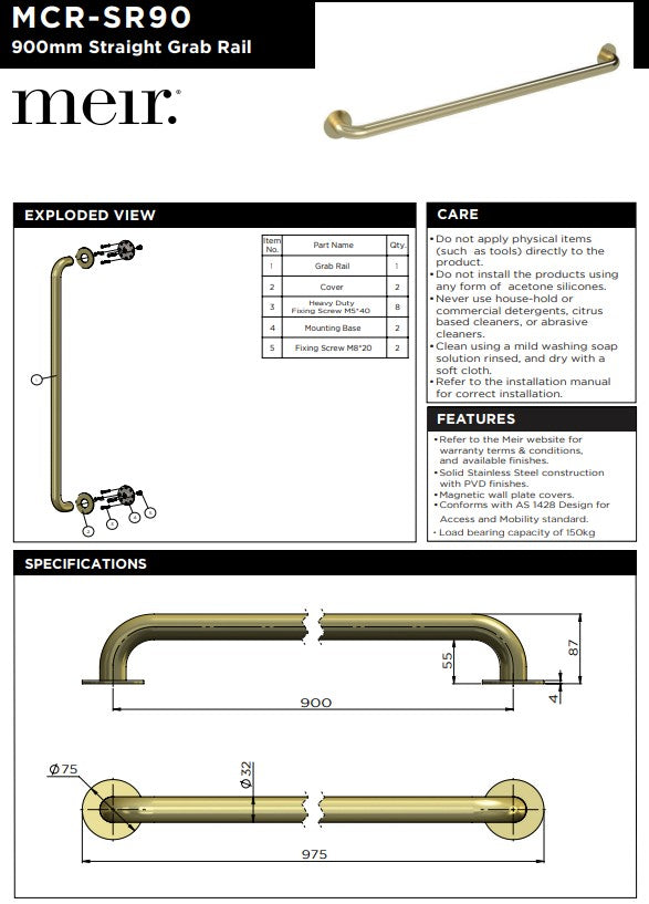 Meir  Mobility Straight Grab Rail 900mm Lustre Bronze